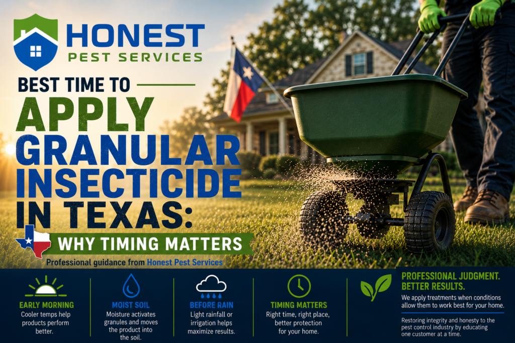 Honest Pest Services artwork: Best Time to Apply Granular Insecticide in Texas, Why Timing Matters