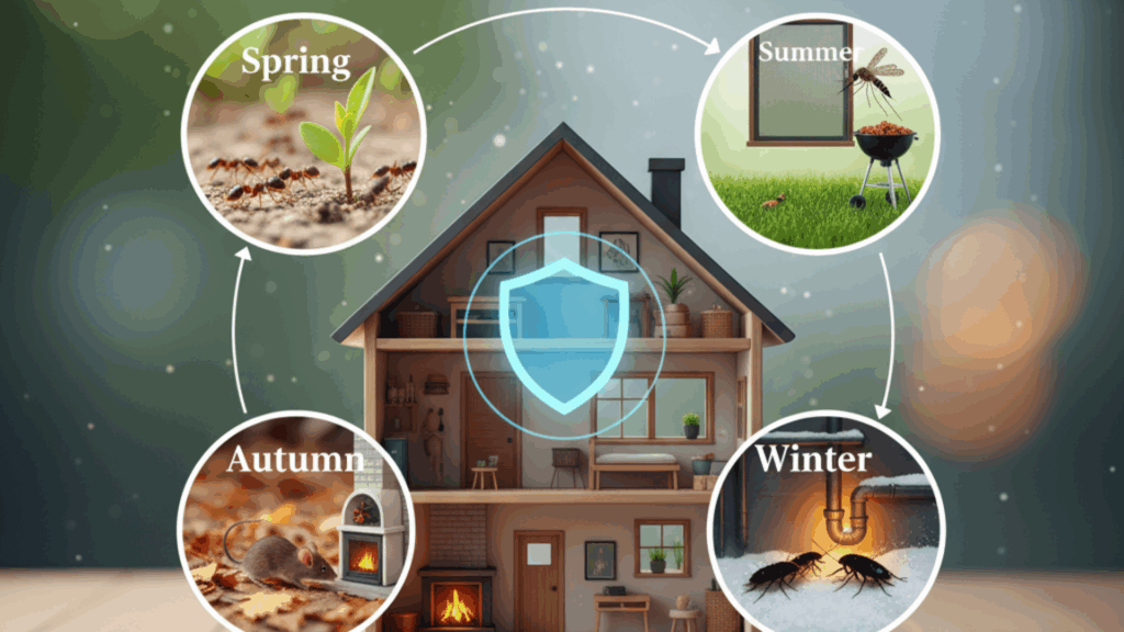 Illustration of pests around a home during spring, summer, autumn, and winter