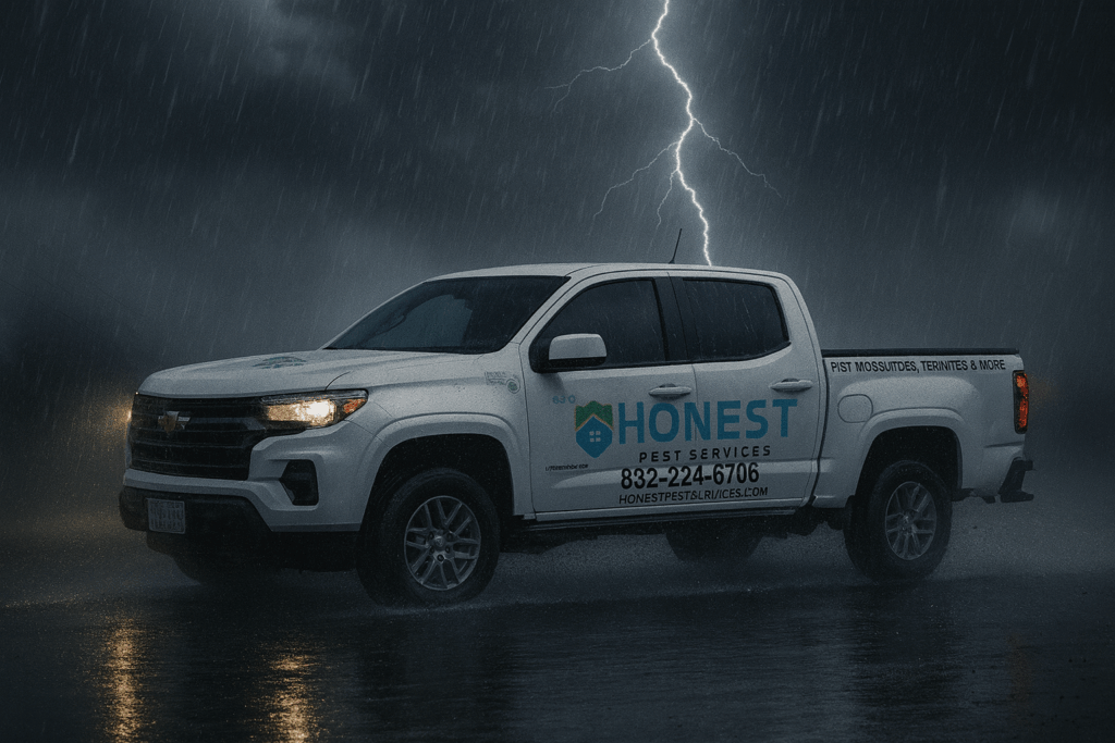 Illustration of an Honest Pest Services truck in rain and lightning