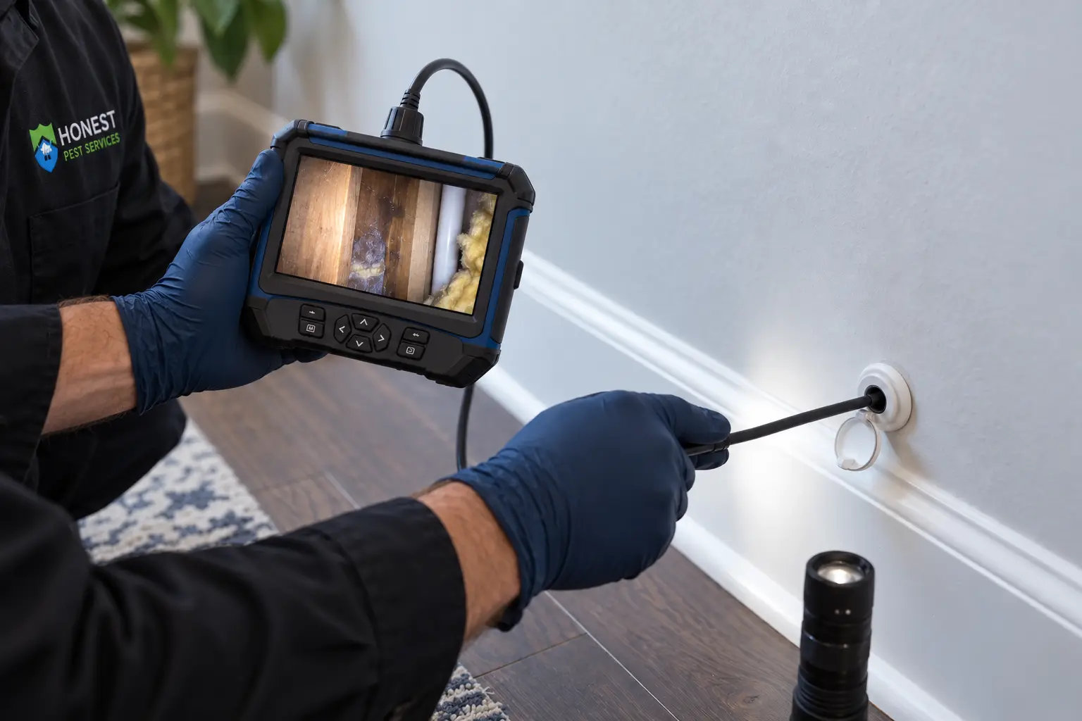 Illustration of a borescope inspecting a wall void