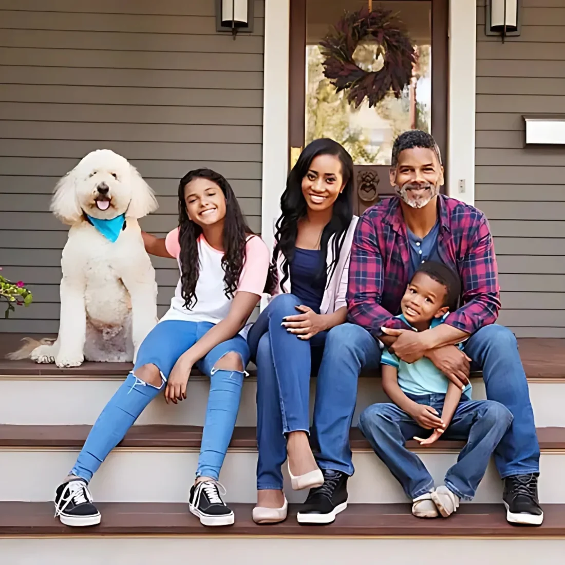 A family and their dog sitting on a front porch, from the original Honest homepage