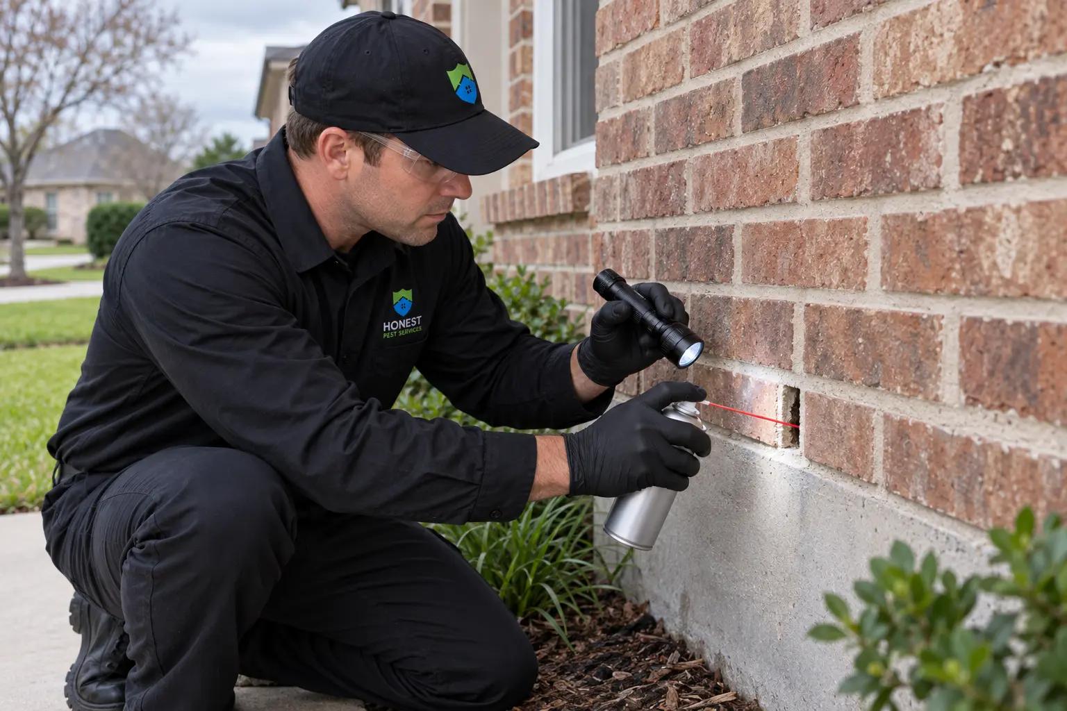 Honest Pest Services Certified Applicator using a controlled professional flush-out application at a selected brick weep hole