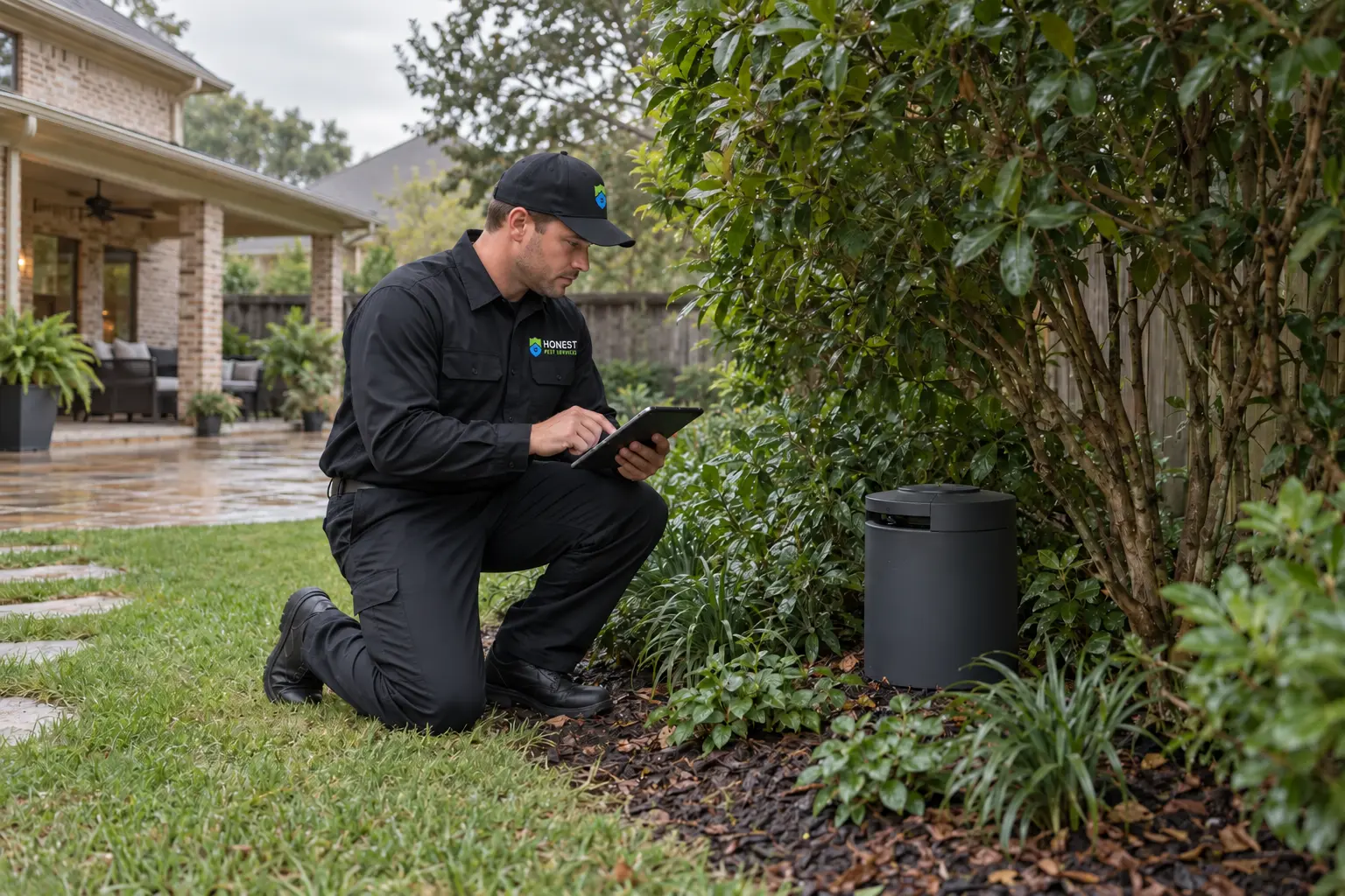 Certified Applicator checking a discreet winter mosquito station in a landscaped Houston backyard