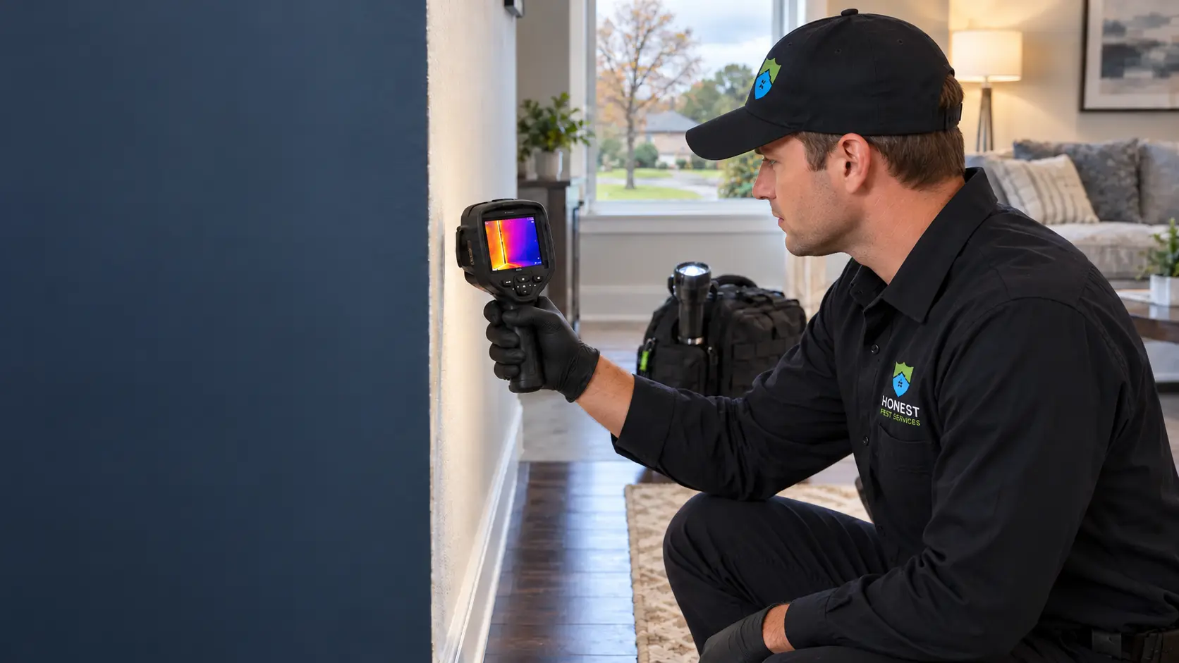 Honest Pest Services Certified Applicator using thermal imaging during a cool-season inspection inside a Houston-area home