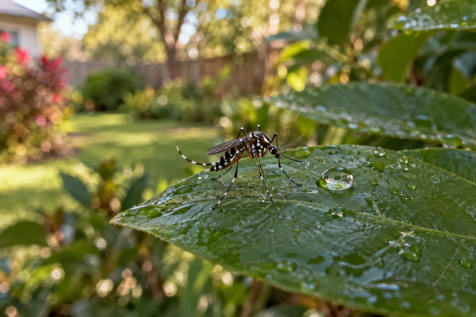 An Aedes mosquito resting on a wet leaf in a Houston backyard