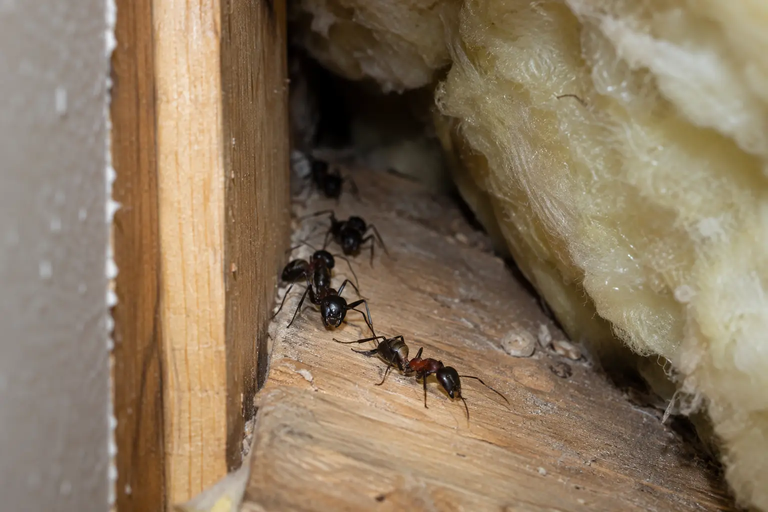 Carpenter ants traveling through a sheltered wall space